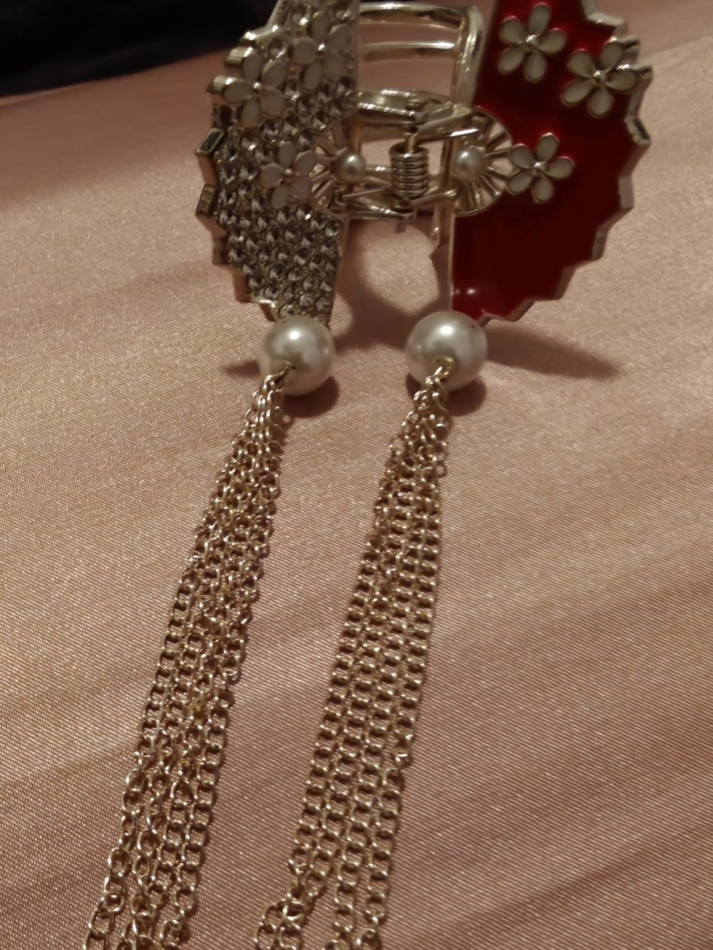 Gold Pearl Tassel Hair Clip with Red Enamel and Crystal Flower Accents - Picture 3 of 5